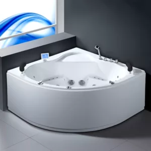 Baignoire balnéo d'angle NEVIA IPOWER de 150 x 150 cm équipée de 70 jets, d'un réchauffeur d'eau, de programmes de massage, et de connectivité Bluetooth, idéale pour deux personnes et disponible à l'achat avec livraison.