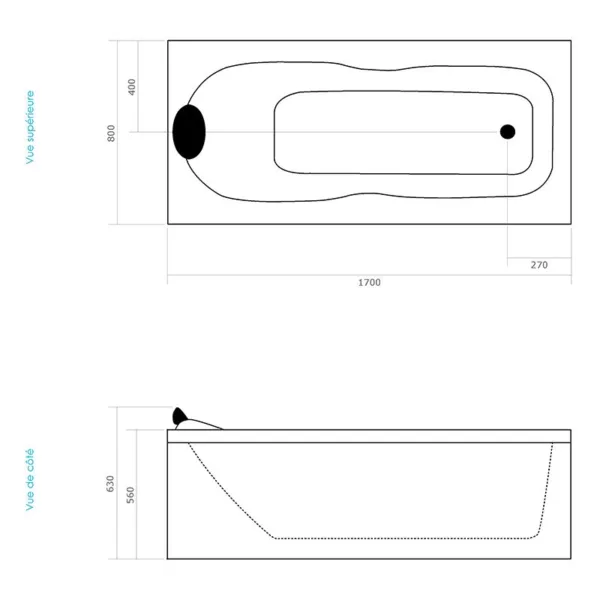 Baignoire balnéo rectangulaire IMASSAGE de 170 x 80 cm, équipée d'un système de massage à eau et air avec une pompe puissante, disponible à l'achat et à la livraison.