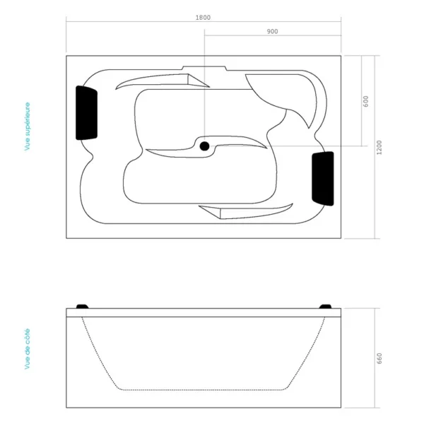Baignoire balnéo rectangulaire IMASSAGE de 180 x 120 cm pour 2 personnes, équipée d'un système Eau Air et d'une pompe puissante, disponible à l'achat et à la livraison.