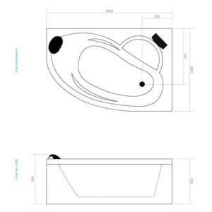 Baignoire balnéo d'angle IMASSAGE de dimensions 150 x 100 cm, équipée d'un système Eau Air, disponible à l'achat et pour la livraison.