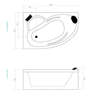 Baignoire balnéo d'angle IMASSAGE de dimensions 150 x 100 cm avec jets Eau Air, disponible à l'achat et à la livraison.