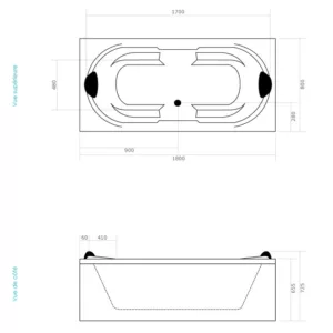 Baignoire balnéo rectangulaire IMASSAGE de 180 x 80 cm, conçue pour deux personnes avec système Eau Air et pompe puissante, disponible à l'achat et à la livraison.