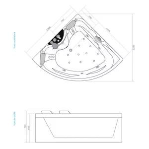 Baignoire balnéo d'angle 2 places de 150 x 150 cm de la gamme IMASSAGE, équipée d'un système de jets Eau Air, disponible à l'achat et à la livraison.