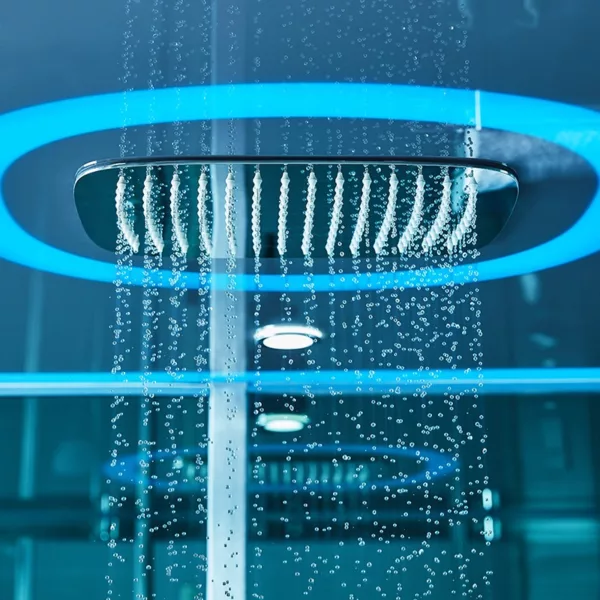 Baignoire douche hammam d'angle OMEGA S de dimensions 140 x 140 cm, équipée d'un réchauffeur d'eau, d'un circuit eau-air-air turbo, de programmes de massage et de connectivité Bluetooth, disponible à l'achat et en livraison.