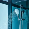 Baignoire douche hammam d'angle OMEGA S de 150 x 150 cm, dotée d'équipements complets incluant un réchauffeur d'eau, un circuit EAU AIR AIR TURBO, des programmes de massage et une connectivité Bluetooth, disponible à l'achat et pour livraison.