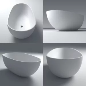 Baignoire îlot Cocoon en Solid Surface, dimension 150 x 78 x 55 cm, matériau solide et résistant aux tâches, offre une surface agréable au toucher, inclut un siphon, flexibles et une bonde popup, disponible à l'achat et à la livraison.