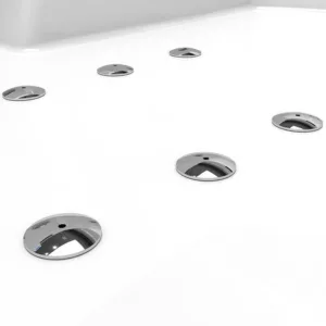 Baignoire balnéo asymétrique IRIS 170, dimensions 170 x 85 cm, avec 20 jets, pompe SILENCIA de 900W, coque ergonomique, robinetterie en laiton chromé, et fonction de chromothérapie LED multicouleurs, disponible à l'achat et à la livraison.