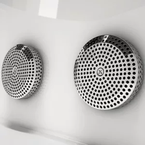 Baignoire balnéo d'angle NEVIA IPOWER de dimensions 150 x 150 cm, dotée de 70 jets, d'un réchauffeur d'eau, et de programmes de massage, avec connectivité Bluetooth, disponible à l'achat et à la livraison.