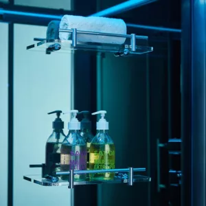 Baignoire douche hammam d'angle de la collection OMEGA, dimensions 140 x 140 cm, équipée d'un réchauffeur d'eau, d'un circuit EAU AIR AIR TURBO, de programmes de massage et de Bluetooth, disponible à l'achat et à la livraison.