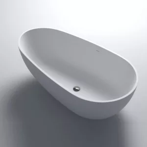 Baignoire îlot Cocoon 150 MATE en Solid Surface, dimensions 150 x 78 x 55 cm, en matériau monobloc solide, résistant aux tâches et à l'humidité, avec un siphon, un flexible fournis et un trop-plein, agréable au toucher et facile à entretenir, disponible à l'achat et à la livraison.