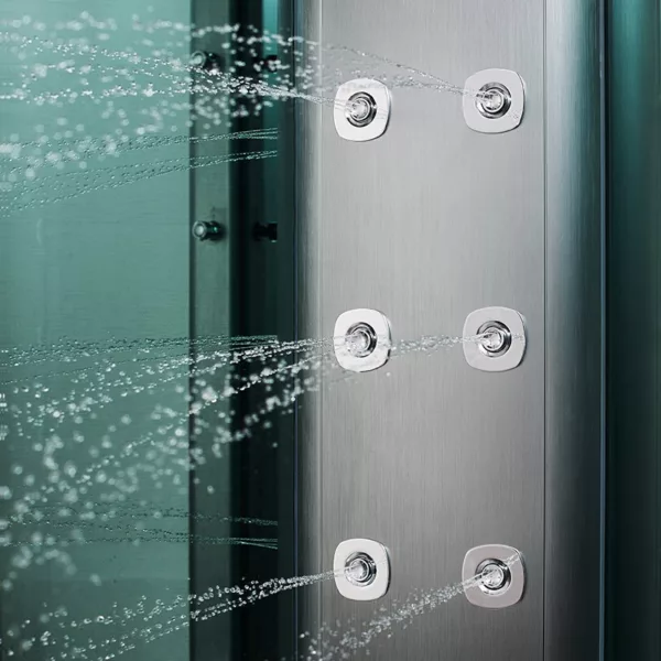Baignoire douche hammam d'angle Omega S de 140 x 140 cm, équipée d'un réchauffeur d'eau, système de massage, Bluetooth et programmes divers, disponible à l'achat et livraison.
