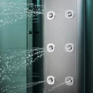 Baignoire Douche Hammam d'angle OMEGA S de dimensions 150 x 150 cm, équipée d'un réchauffeur d'eau, de programmes de massage, d'un circuit EAU AIR AIR TURBO et de connectivité Bluetooth, maintenant disponible à l'achat et livraison.