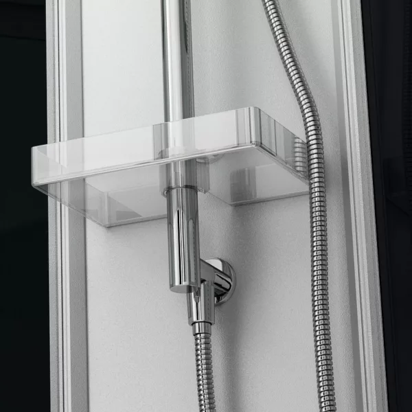 Cabine de douche d'angle blanche mesurant 90 x 90 cm et 211 cm de hauteur de la collection SILVER, disponible à l'achat et livraison.