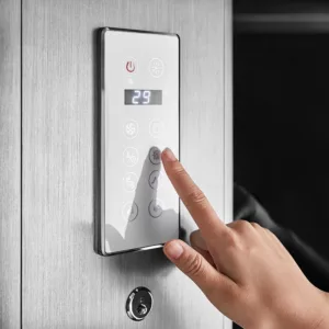 Baignoire douche hammam OMEGA de dimensions 150 x 85 cm, équipée d'un réchauffeur d'eau, d'un système de massage, d'un circuit EAU AIR AIR TURBO et de connectivité Bluetooth, disponible à l'achat et à la livraison.