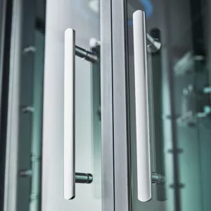 Baignoire Douche Hammam d'angle OMEGA S de dimensions 150 x 150 x 220 cm, équipée d'un réchauffeur d’eau, d’un circuit EAU AIR AIR TURBO, de programmes de massage, et d'une option Bluetooth, disponible à l'achat et à la livraison.