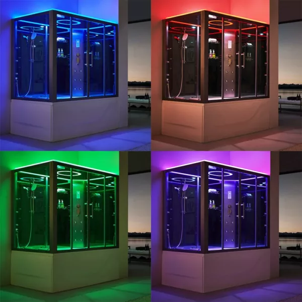 La baignoire douche hammam d'angle Omega S mesure 140 x 140 x 220 cm et comprend des équipements ultra-complets tels qu'un réchauffeur d'eau, un circuit air-eau, des programmes de massage et une connectivité Bluetooth, disponible à l'achat et livraison.