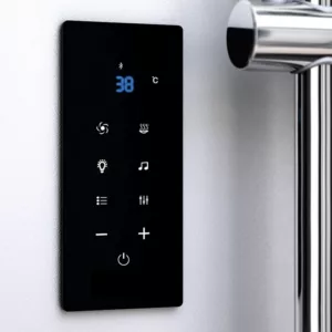 Cabine de hammam noire rectangulaire de 120 x 80 cm, avec générateur de vapeur de 3000 W, équipée de buses de massage dorsal et d'une robinetterie thermostatique en laiton chromé, disponible à l'achat et pour livraison.