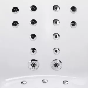 Baignoire balnéo d'angle Aqua IPOWER 140 x 140 cm, équipée de 49 jets, d'un réchauffeur d'eau, d'un circuit EAU AIR AIR TURBO et de programmes de massage, idéale pour 2 personnes, disponible à l'achat et à la livraison.