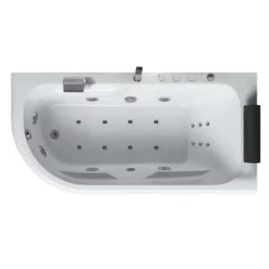 Baignoire balnéo asymétrique IRIS de 170 x 85 cm avec 20 jets massants, pompe SILENCIA de 900W, réchauffeur d'eau de 1500W, éclairage LED pour chromothérapie et robinetterie en laiton chromé, disponible à l'achat et à la livraison.