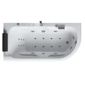 Baignoire balnéo asymétrique IRIS de 170 x 85 cm, équipée de 20 jets, d'une pompe SILENCIA de 900W, d'un réchauffeur d'eau de 1500W, de robinetterie en laiton chromé, d'un éclairage LED multicolore pour chromothérapie, ainsi que d'un contrôle Bluetooth et d'une fonction de rinçage, disponible à l'achat et pour livraison.