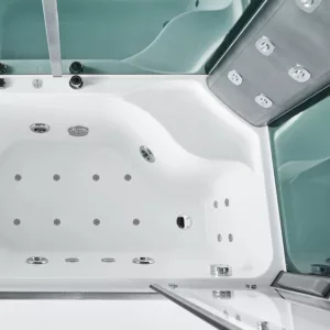 Baignoire douche hammam Omega de dimensions 150 x 85 cm, équipée d'un réchauffeur d'eau, d'un circuit air/eau turbo, de programmes de massage et de Bluetooth, disponible à l'achat et à la livraison.