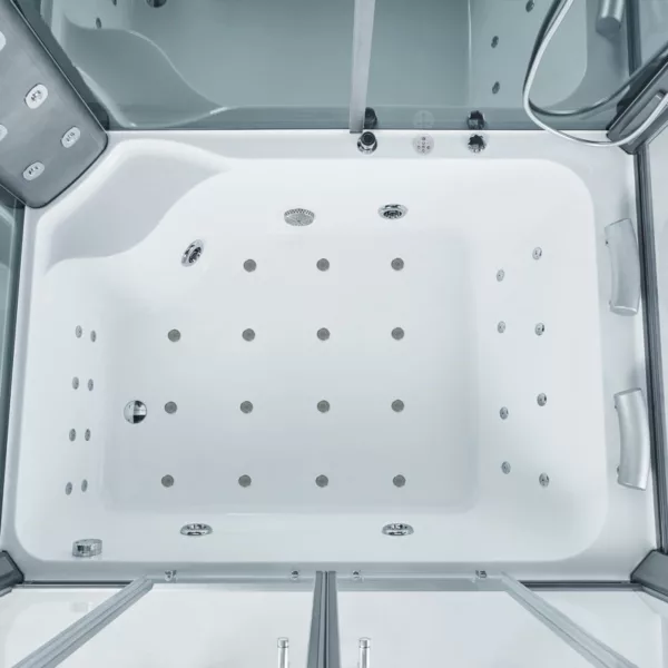 Baignoire douche hammam OMEGA DUO de 170 x 120 cm avec réchauffeur d'eau, circuit EAU AIR AIR TURBO, programmes de massage et connectivité Bluetooth, disponible à l'achat et à la livraison.