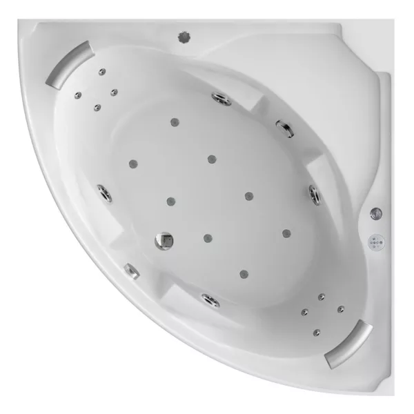 Baignoire douche hammam d'angle OMEGA S mesurant 140 x 140 cm, équipée d'un réchauffeur d'eau, d'un circuit eau-air et de programmes de massage, compatible Bluetooth et disponible à l'achat avec livraison.
