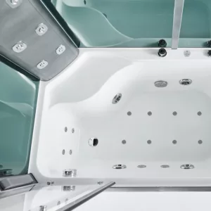 Baignoire Douche Hammam OMEGA 150 x 85 cm, dotée de fonctions avancées comme un réchauffeur d'eau, un circuit EAU AIR AIR TURBO, des programmes de massage et la connectivité Bluetooth, disponible à l'achat et à la livraison.