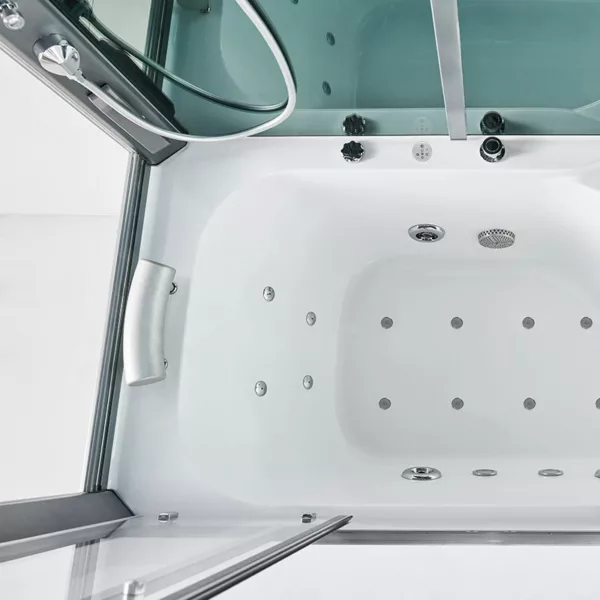 Baignoire douche hamam OMEGA de dimensions 170 x 85 x 220 cm, équipée d'un réchauffeur d'eau, d'un circuit EAU AIR AIR TURBO, de programmes de massage et de connectivité Bluetooth, disponible à l'achat et à la livraison.