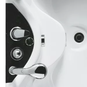 Baignoire balnéo d'angle 150 x 150 cm pour 2 personnes de la gamme IMASSAGE, équipée d'un système de jets d'eau et d'air, disponible à l'achat et à la livraison.