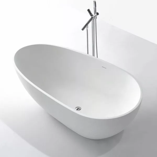 Baignoire îlot COCOON 140 MATE en Solid Surface, dimensions 140 x 76 x 54 cm, monobloc solide, résistant aux tâches, à l'humidité, et agréable au toucher, avec siphon, flexible, trop-plein et bonde popup fournis.