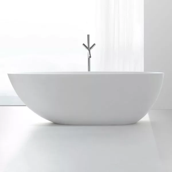 Baignoire îlot COCOON 150 MATE en Solid Surface, dimensions 150 x 78 x 55 cm, matériau solide, résistant aux tâches et à l'humidité, avec siphon, flexible, trop-plein, et bonde popup, disponible à l'achat et à la livraison.