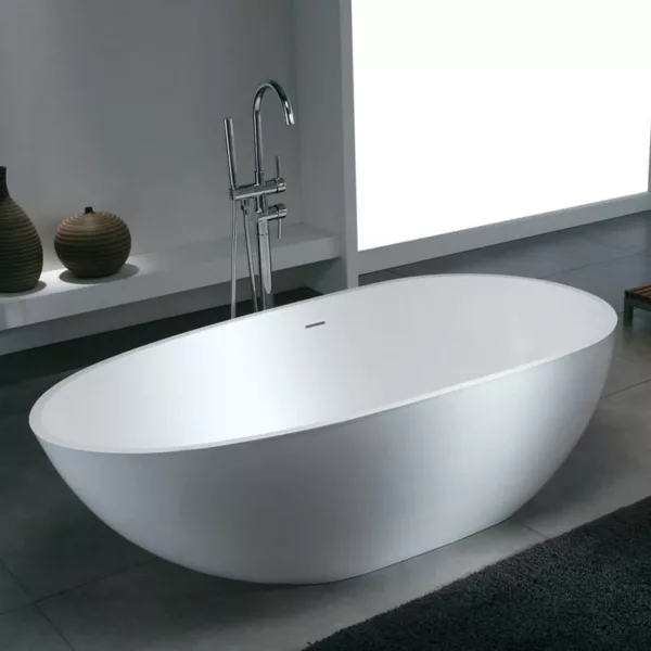Baignoire îlot COCOON 160 MATE en Solid Surface, dimensions 160 x 82 x 55 cm, fabriquée en matériau monobloc robuste, résistante aux tâches et à l'humidité, avec un toucher agréable, équipée d'un siphon, d'un flexible et d'une bonde popup, idéale pour un entretien facile, disponible à l'achat et pour livraison.