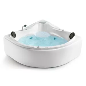 Baignoire balnéo d'angle pour 2 personnes de 150 x 150 cm, gamme IMASSAGE, équipée d'un système Eau Air, disponible à l'achat et à la livraison.