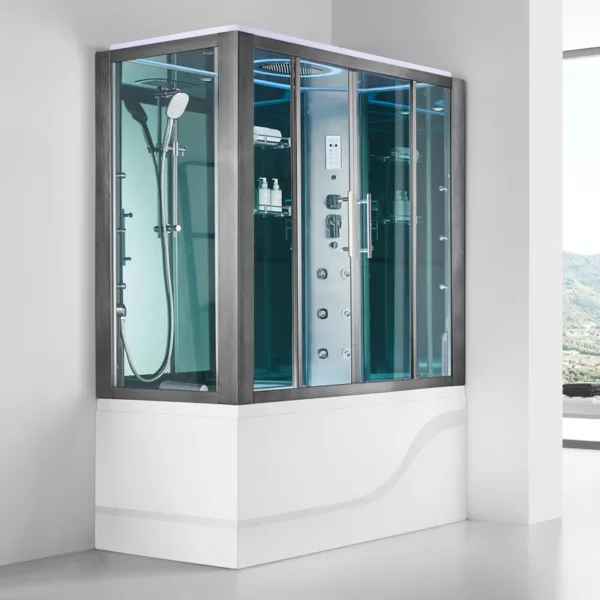 Baignoire Douche Hammam OMEGA 150 x 85 cm équipée d'un réchauffeur d’eau, d'un circuit EAU AIR AIR TURBO, de programmes de massage et de connectivité Bluetooth, disponible à l'achat et à la livraison.