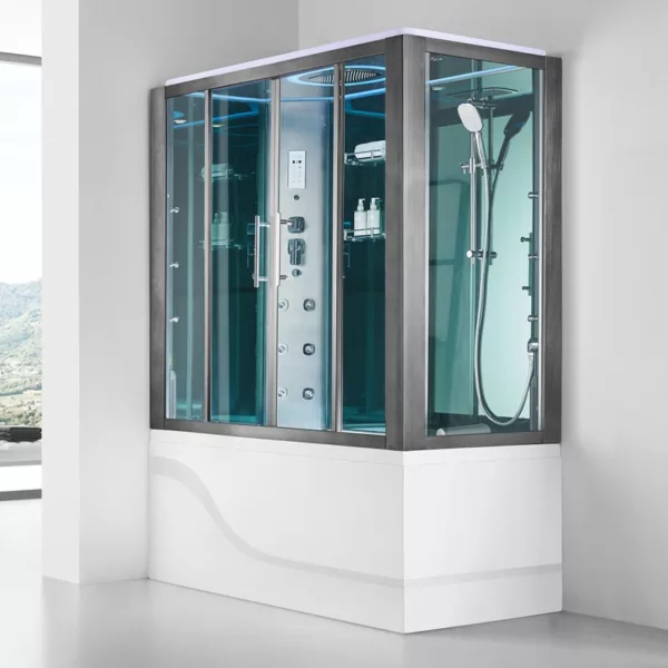 Baignoire Douche Hammam OMEGA de dimensions 170 x 85 cm, équipée d'un réchauffeur d'eau, d'un système EAU AIR AIR TURBO, de programmes de massage et de connectivité Bluetooth, disponible à l'achat avec livraison.