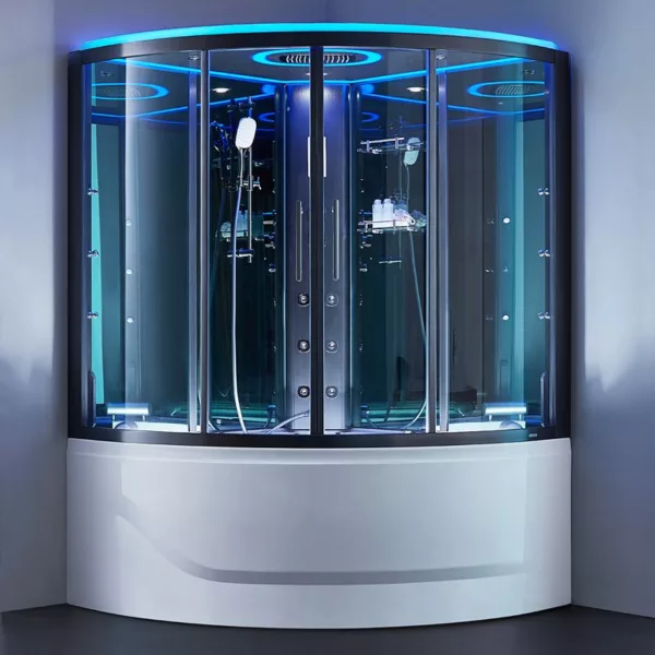Baignoire douche hammam d'angle OMEGA S de dimensions 140 x 140 cm, équipée de programmes de massage, réchauffeur d'eau, circuit EAU AIR AIR TURBO et Bluetooth, disponible à l'achat et pour livraison.
