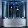 Baignoire douche hammam d'angle, dimensions 150 x 150 cm, équipée d'un réchauffeur d'eau, circuit EAU AIR AIR TURBO, programmes de massage et Bluetooth, idéale pour une expérience de bien-être à domicile.
