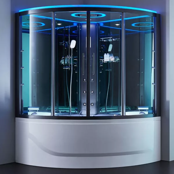 Baignoire douche hammam d'angle, dimensions 150 x 150 cm, équipée d'un réchauffeur d'eau, circuit EAU AIR AIR TURBO, programmes de massage et Bluetooth, idéale pour une expérience de bien-être à domicile.