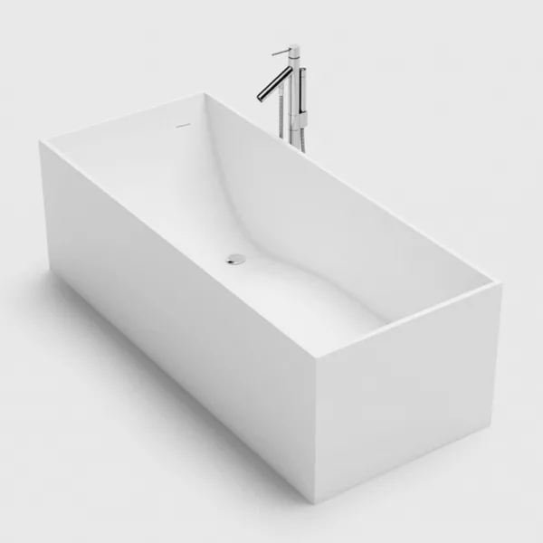 Baignoire îlot en Solid Surface de la collection MATE, mesurant 158 x 68 x 58 cm, idéale pour une salle de bains moderne, disponible à l'achat avec options de livraison.
